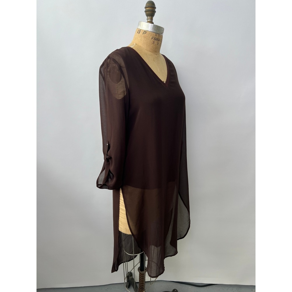 Alberto Makali New York Brown Sheer V-Neck High Low Tunic Roll Tab Sleeve Top - Picture 4 of 6